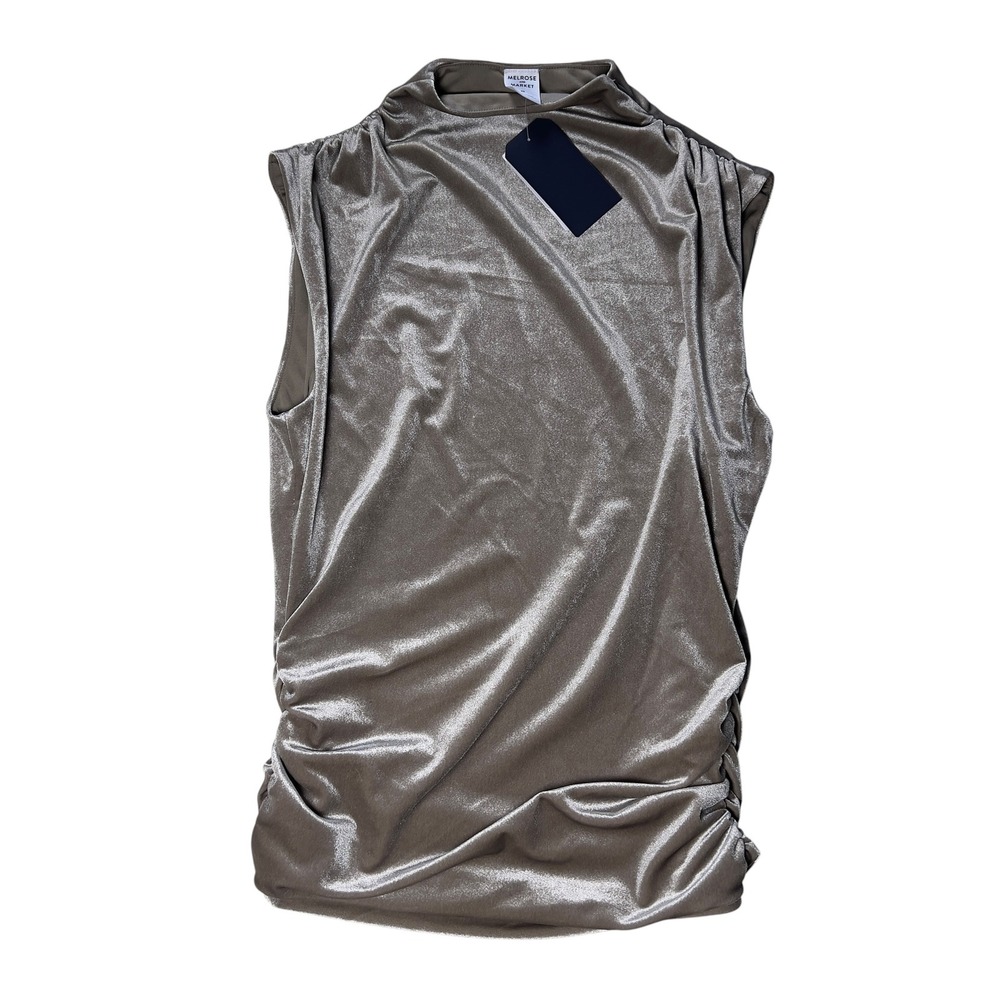 NWT Melrose and Market Grey Champagne Velvet Mock Neck Ruched Sleeveless Top XS